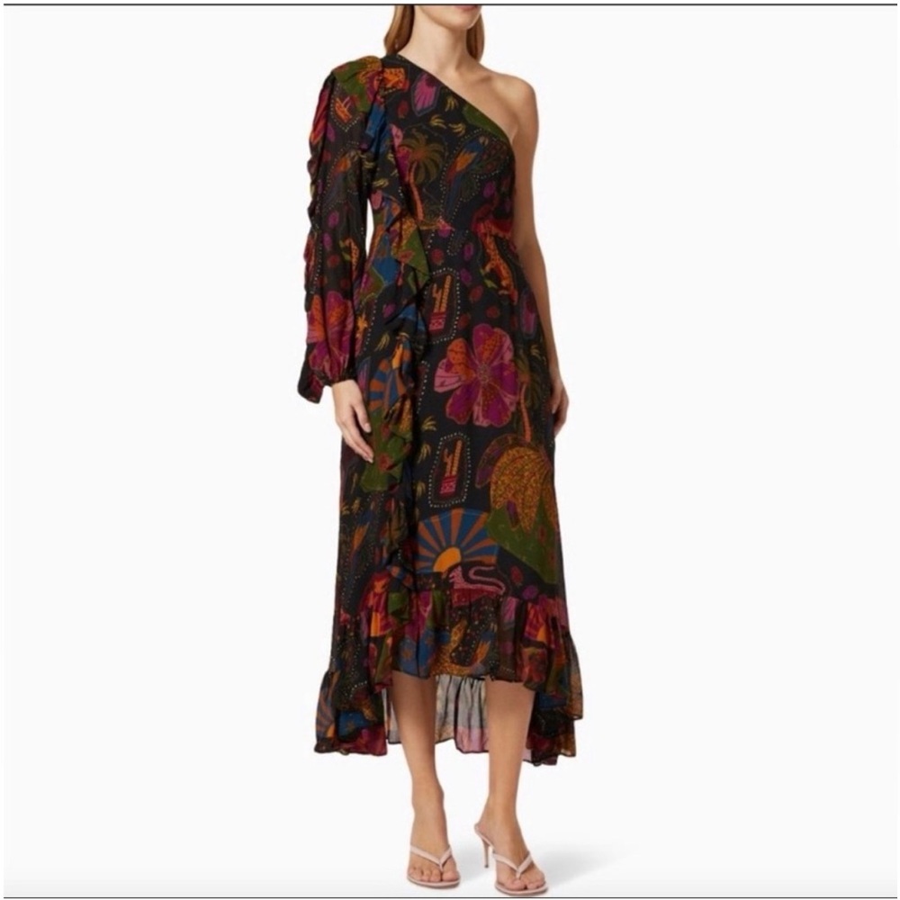 NWT FARM Rio Crazy Mix Black One-Shoulder Floral & Tropical Print Midi Dress